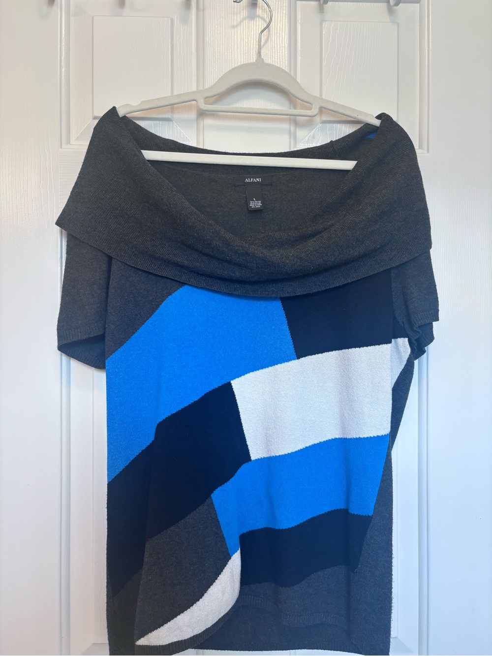Alfani Colorblock Off-Shoulder Short Sleeve Knit in Blue, Black & White